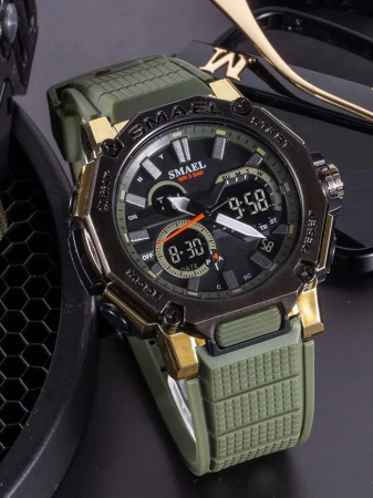 Smael Ceas barbatesc Sport Dual time Cronograf Stil Army Militar Digital Quartz  Verde Auriu [1]