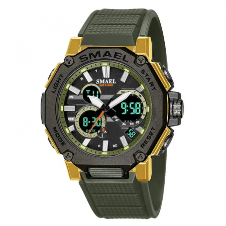 Ceasuri barbatesti - Smael Ceas barbatesc Sport Dual time Cronograf Stil Army Militar Digital Quartz  Verde Auriu