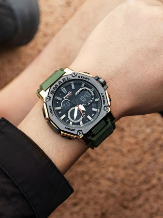 Smael Ceas barbatesc Sport Dual time Cronograf Stil Army Militar Digital Quartz  Verde Auriu [2]