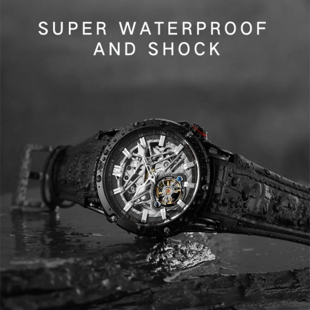 Ceas barbati de mana, T-winner, Clasic, Fashion, Mecanism Mecanic Automatic, Skeleton, Piele, Negru [3]