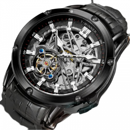 Ceas barbati de mana, T-winner, Clasic, Fashion, Mecanism Mecanic Automatic, Skeleton, Piele, Negru [1]