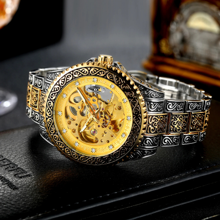Ceas barbatesc de mana Forsining Mecanic Automatic Skeleton Analog Argintiu Auriu [2]