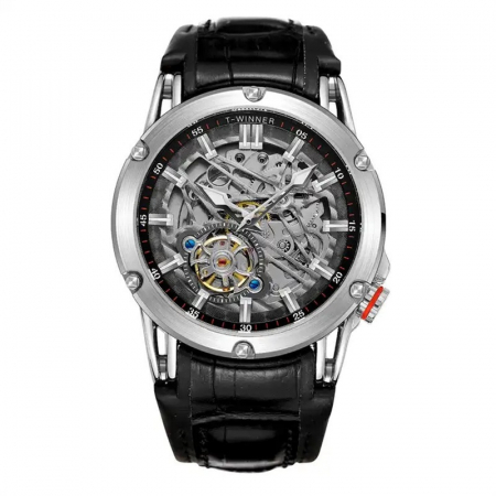Modele noi - Ceas barbatesc de mana, T-winner, Mecanism Mecanic Automatic, Skeleton, Piele, Negru Argintiu