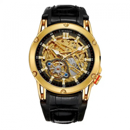 Ceasuri barbatesti - Ceas barbatesc de mana, T-winner, Clasic, Mecanism Mecanic Automatic, Skeleton, Piele, Negru Auriu