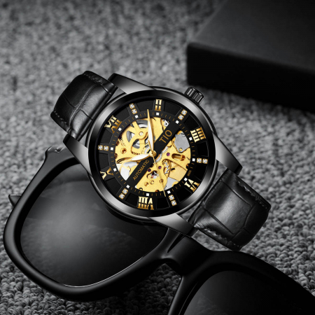 Ceas barbatesc de mana TIO, Mecanic Automatic, Clasic, Indici luminosi, Elegant, Luxury, Analog, Piele naturala, Negru [3]