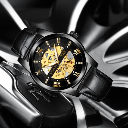 Ceas barbatesc de mana TIO, Mecanic Automatic, Clasic, Indici luminosi, Elegant, Luxury, Analog, Piele naturala, Negru [1]