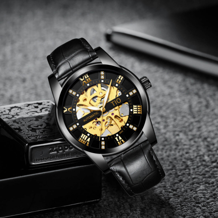 Ceas barbatesc de mana TIO, Mecanic Automatic, Clasic, Indici luminosi, Elegant, Luxury, Analog, Piele naturala, Negru [2]