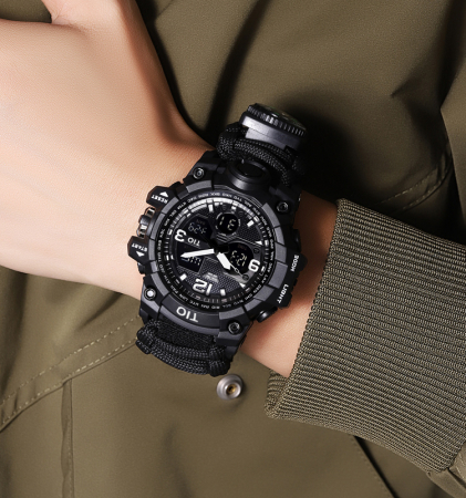 Ceas barbatesc de mana, Tio, Supravietuire, Cremene foc, Busola, Paracord, Fluier, Lama, Cronograf, Army, Militar, Sport, Digital [1]