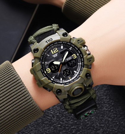 Ceas barbatesc de mana, Tio, Supravietuire, Cremene foc, Busola, Paracord, Fluier, Lama, Cronograf, Army, Militar, Sport, Digital [1]