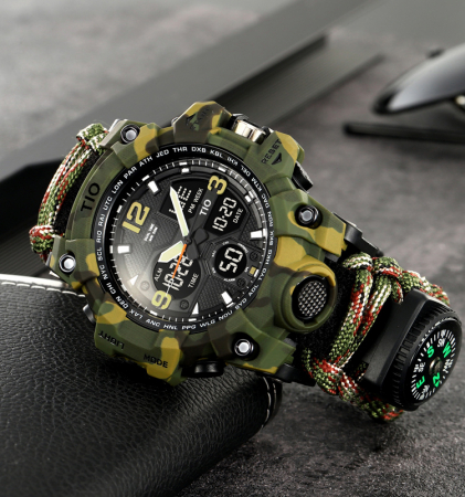 Ceas barbatesc de mana, Tio, Supravietuire, Cremene foc, Busola, Paracord, Fluier, Lama, Cronograf, Army, Militar, Sport, Digital [2]