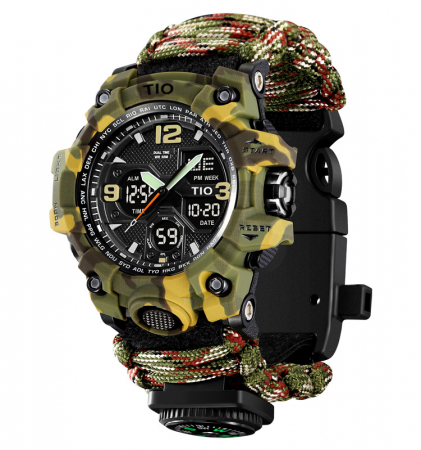 Ceas barbatesc de mana, Tio, Supravietuire, Cremene foc, Busola, Paracord, Fluier, Lama, Cronograf, Army, Militar, Sport, Digital [0]