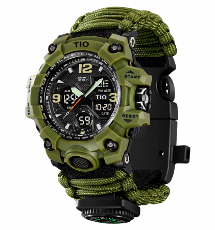 Ceas barbatesc de mana, Tio, Supravietuire, Cremene foc, Busola, Paracord, Fluier, Lama, Cronograf, Army, Militar, Sport, Digital [0]