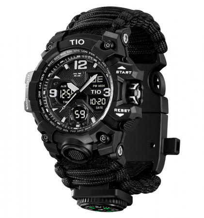 Ceas barbatesc de mana, Tio, Supravietuire, Cremene foc, Busola, Paracord, Fluier, Lama, Cronograf, Army, Militar, Sport, Digital [0]