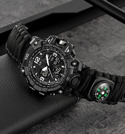 Ceas barbatesc de mana, Tio, Supravietuire, Cremene foc, Busola, Paracord, Fluier, Lama, Cronograf, Army, Militar, Sport, Digital [2]