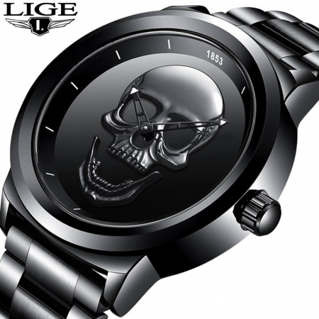Ceas barbatesc Lige Skull 3D Otel Craniu Quartz [2]