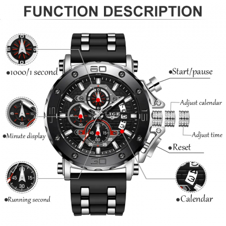 Ceas barbatesc Lige Analog Quartz Silicon Cronometru Negru Argintiu [5]