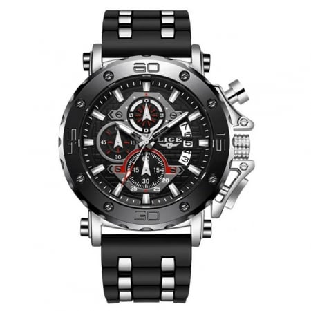 Ceas barbatesc Lige Analog Quartz Silicon Cronometru Negru Argintiu [0]