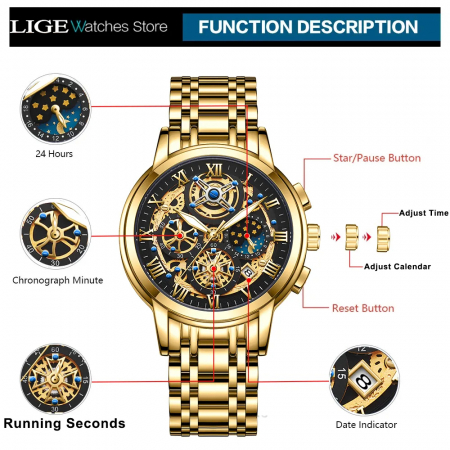 Ceas barbatesc Lige Auriu Afisare data Analog Quartz Cadran Negru [5]