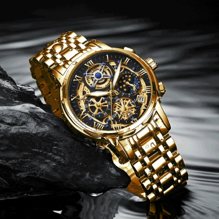 Ceas barbatesc Lige Auriu Afisare data Analog Quartz Cadran Negru [1]