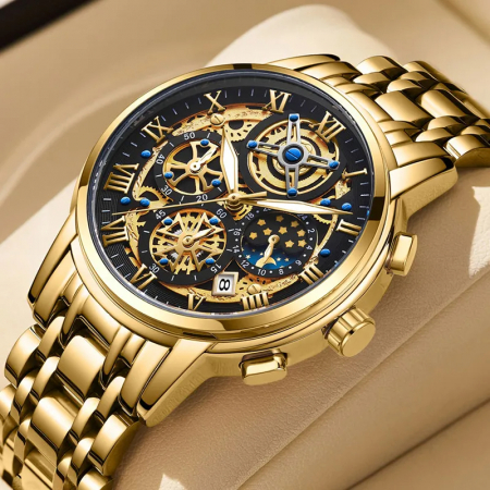 Ceas barbatesc Lige Auriu Afisare data Analog Quartz Cadran Negru [4]