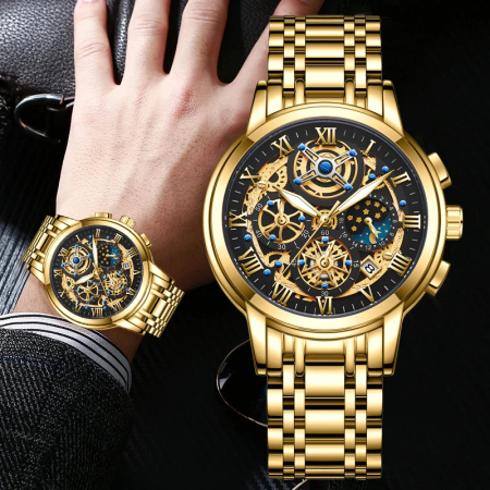 Ceas barbatesc Lige Auriu Afisare data Analog Quartz Cadran Negru [3]