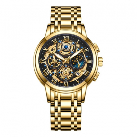 Ceasuri barbatesti - Ceas barbatesc Lige Auriu Afisare data Analog Quartz Cadran Negru