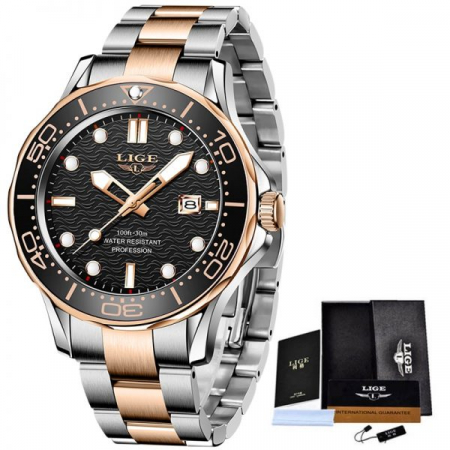 Ceas barbatesc Lige Argintiu Auriu Quartz Otel Data Negru Analog Fashion [3]