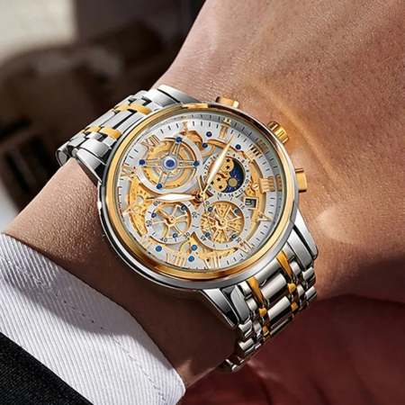 Ceas barbatesc Lige Argintiu Auriu Afisare data Analog Quartz [3]