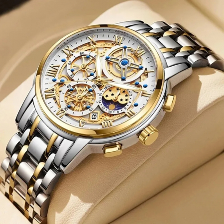 Ceas barbatesc Lige Argintiu Auriu Afisare data Analog Quartz [2]