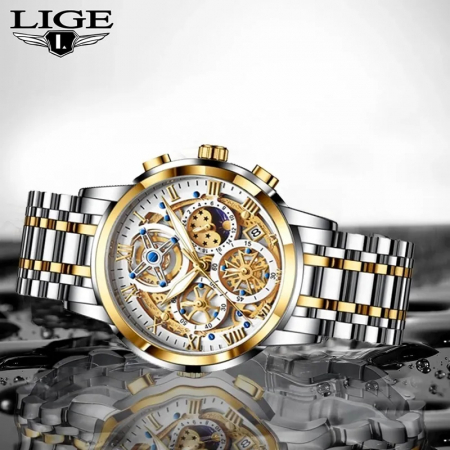 Ceas barbatesc Lige Argintiu Auriu Afisare data Analog Quartz [1]