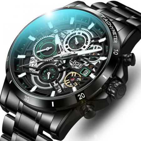Ceas barbati Lige Negru Data Casual Analog Quartz Otel Zale Indici luminosi [3]