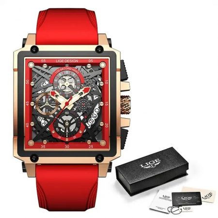 Ceas barbatesc Lige Rosu Silicon Otel Afisare data Quartz Analog [3]