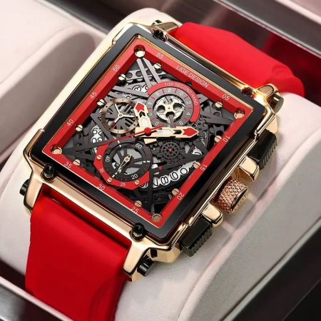 Ceas barbatesc Lige Rosu Silicon Otel Afisare data Quartz Analog [2]