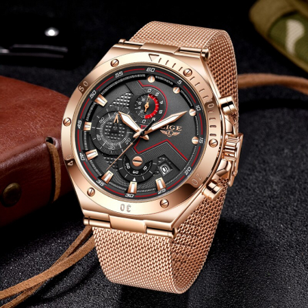 Ceas barbatesc Lige Elegant Auriu Cronograf Quartz [6]