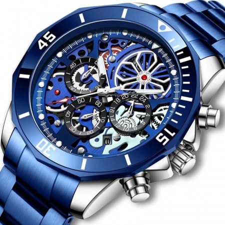 Ceas barbatesc Lige Luxury Quartz Cronograf Analog Skeleton Business Albastru [1]
