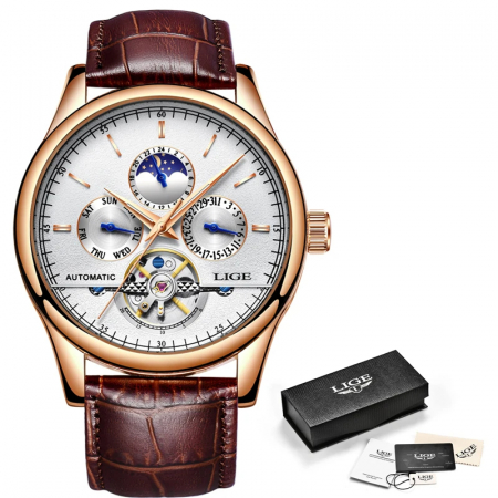 Ceas barbatesc Lige Mecanic Automatic Curea piele Maro Mecanism Tourbillion Data [2]