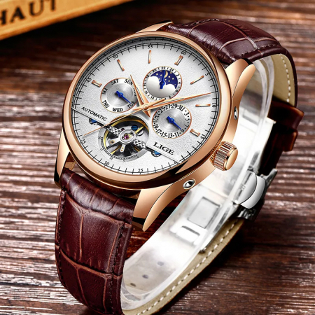 Ceas barbatesc Lige Mecanic Automatic Curea piele Maro Mecanism Tourbillion Data [5]
