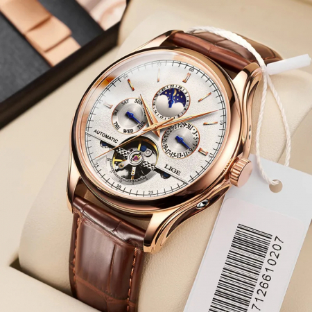 Ceas barbatesc Lige Mecanic Automatic Curea piele Maro Mecanism Tourbillion Data [6]