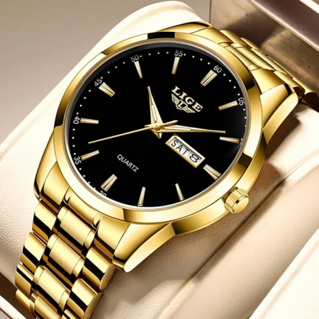 Ceas barbatesc Lige Auriu Otel Analog Quartz Afisare data [2]