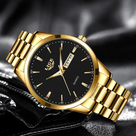 Ceas barbatesc Lige Auriu Otel Analog Quartz Afisare data [4]