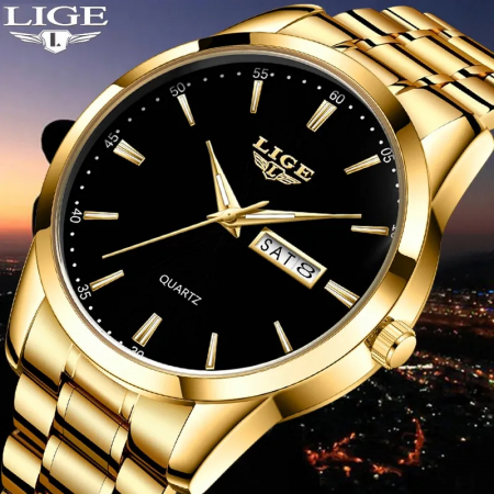 Ceas barbatesc Lige Auriu Otel Analog Quartz Afisare data [3]