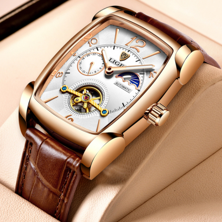 Ceas barbati Lige Mecanic Automatic Carcasa dreptunghiulara Curea piele Maro Mecanism Tourbillion [1]