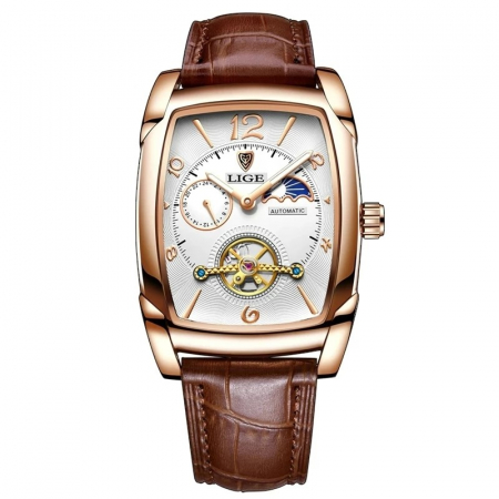 Ceasuri barbatesti - Ceas barbati Lige Mecanic Automatic Carcasa dreptunghiulara Curea piele Maro Mecanism Tourbillion