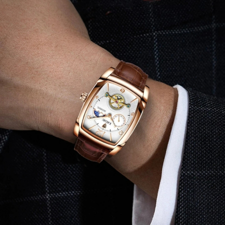 Ceas barbati Lige Mecanic Automatic Carcasa dreptunghiulara Curea piele Maro Mecanism Tourbillion [2]