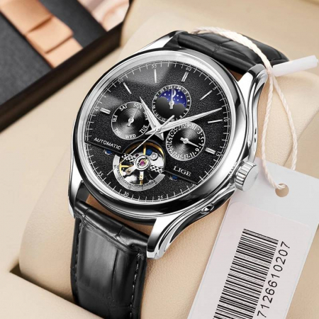 Ceas barbatesc Lige Mecanic Automatic Curea piele Neagra Mecanism Tourbillion Data [2]