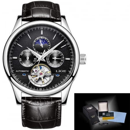 Ceas barbatesc Lige Mecanic Automatic Curea piele Neagra Mecanism Tourbillion Data [1]