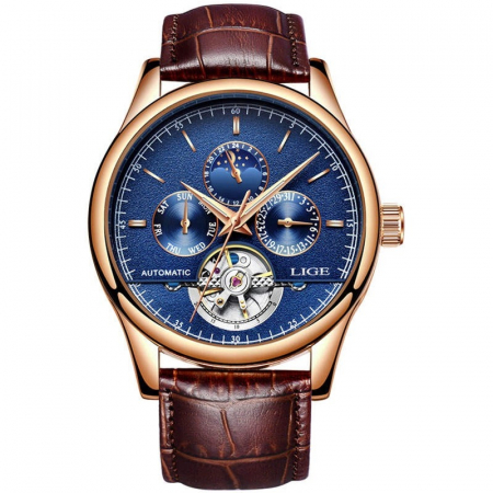 Ceasuri barbatesti - Ceas barbatesc Lige Mecanic Automatic Curea piele Maro Mecanism Tourbillion 3 ATM
