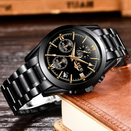 Ceas barbatesc Lige Negru Quartz Analog Data Cronograf [1]