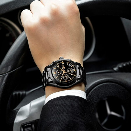 Ceas barbatesc Lige Negru Quartz Analog Data Cronograf [2]