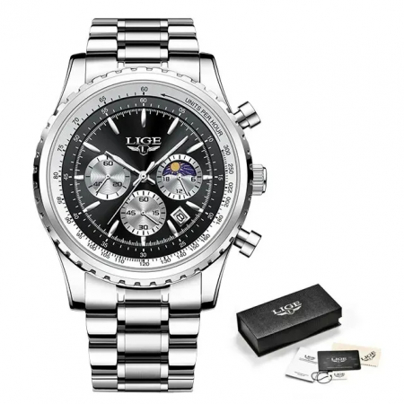 Ceas barbatesc Lige Quartz Analog Otel inoxidabil Argintiu Negru Cronograf Data [1]